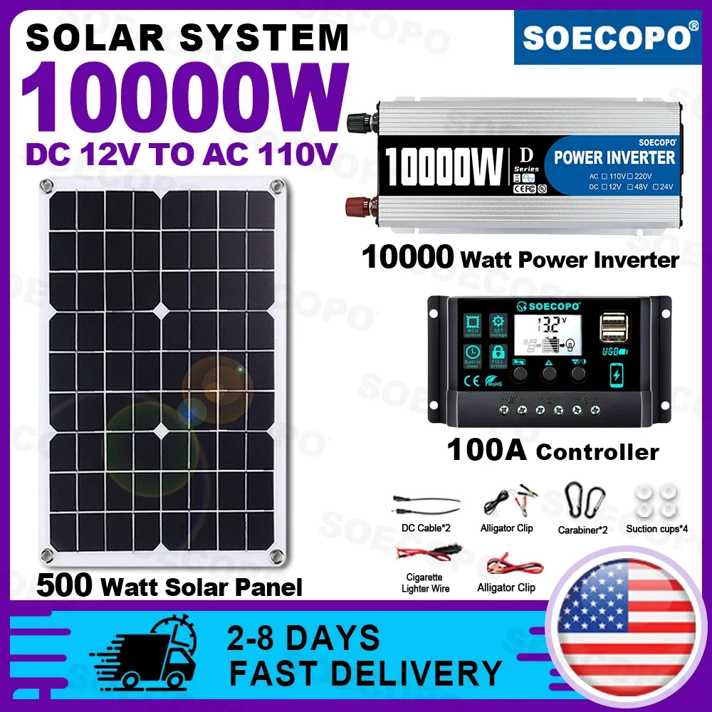 

(U.S Stock) SOECOPO 10000W Portable Inverter System Set DC 12V to AC 110V 500W Solar Panel 100A Controller for Camping Home Use