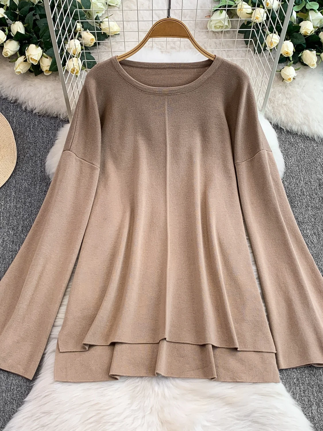 Conjunto de calças largas de cintura alta com sino sve cor pura cobrindo o bumbum top casual solto ajuste faion conjunto para mulher