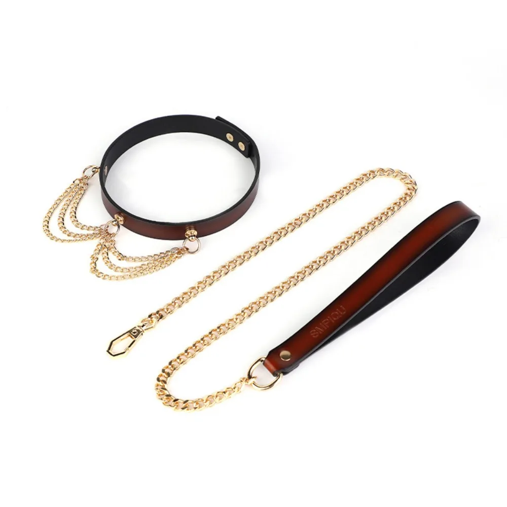 Split Second Double-Layer Leather Tassel Collar And Metal Chain Leash Set Red Black Adjustable Gold Hardware Goth Cosplay Toy