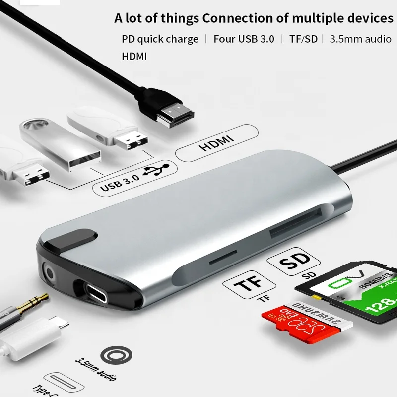 Potable type c port 8 In 1 docking station with PD sd card reader usb hub 3.0*3 For type c hub Mac book Pro