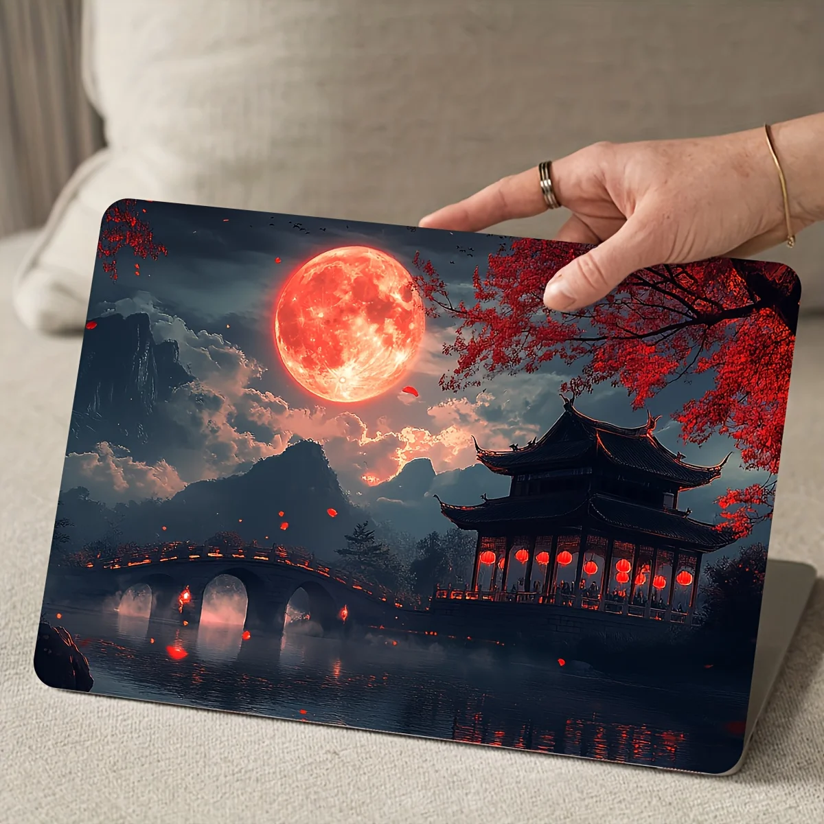 

Vinyl laptop film - traditional Chinese landscape moon shadow red leaf tower view, scratch-resistant and self-adhesive,
