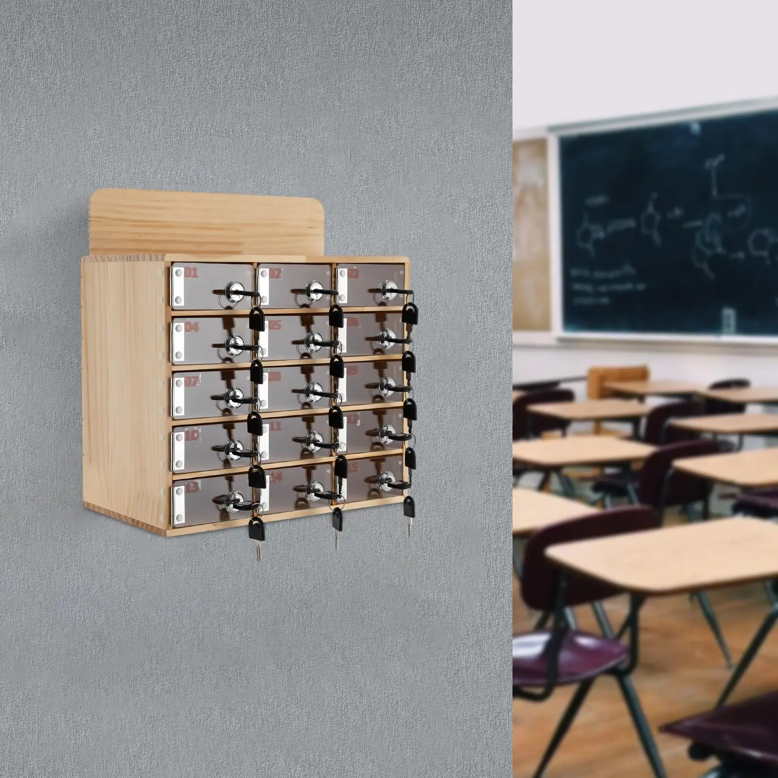 صندوق خزانة للهاتف الخلوي مكون من 15 فتحة، وخزانة تخزين للهاتف الخلوي من الخشب والأكريليك مع أقفال ومفاتيح قفل للهاتف الخلوي المثبت على الحائط