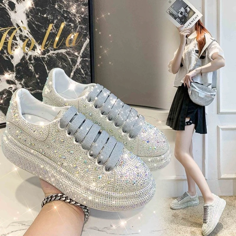 Autumn Spring Women Platform Shoes Rhinestones Thick-soled White Silver Shoes Shining Crystal Sneakers Trend Casual Sneakers