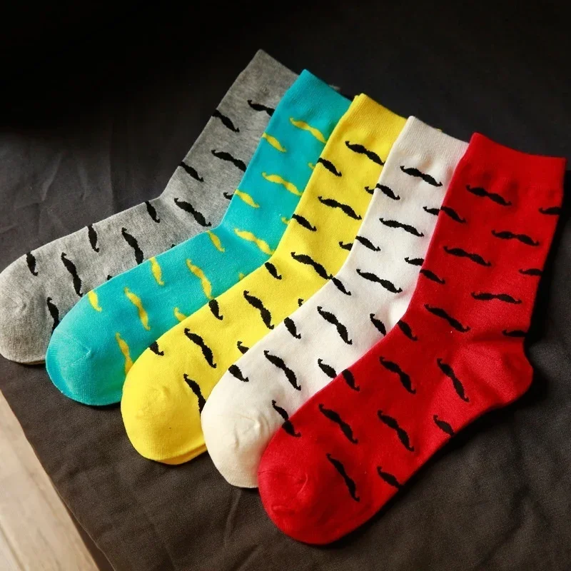 1Pair Mens Cotton Crew Socks Funny Mustache Beard Pattern Soft Breathable Mid Calf Socks For Casual Daily Wear Fashion Outfit