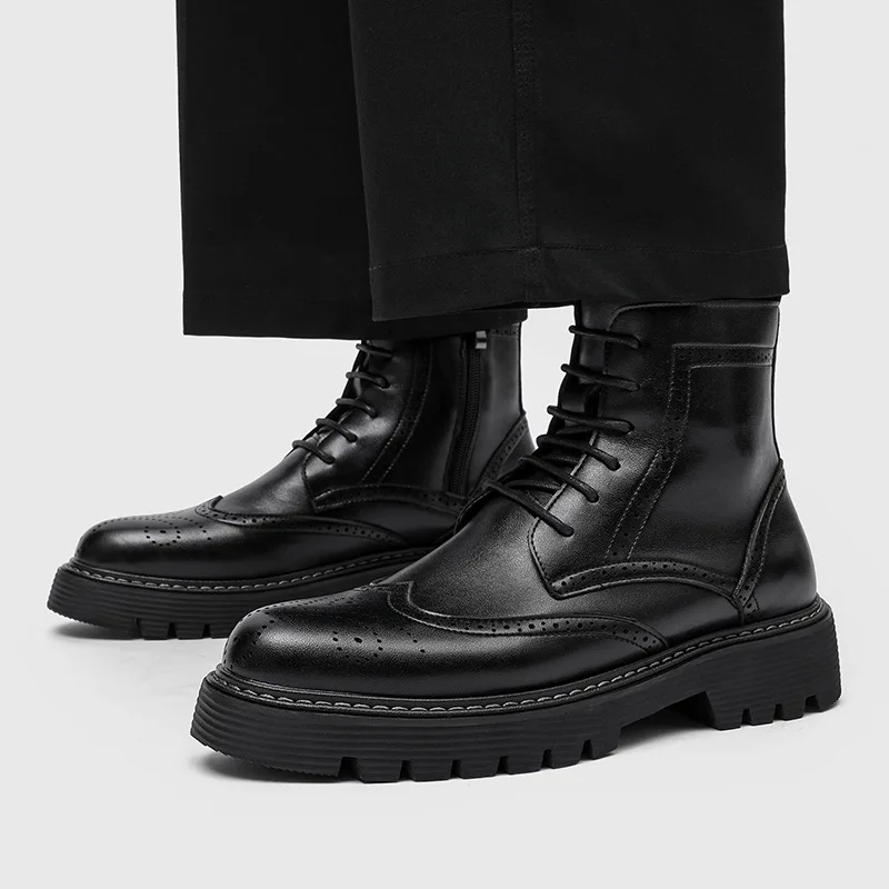 mens casual business wedding platform boots carving brogue shoes cowboy original leather boot black designer ankle botas hombre