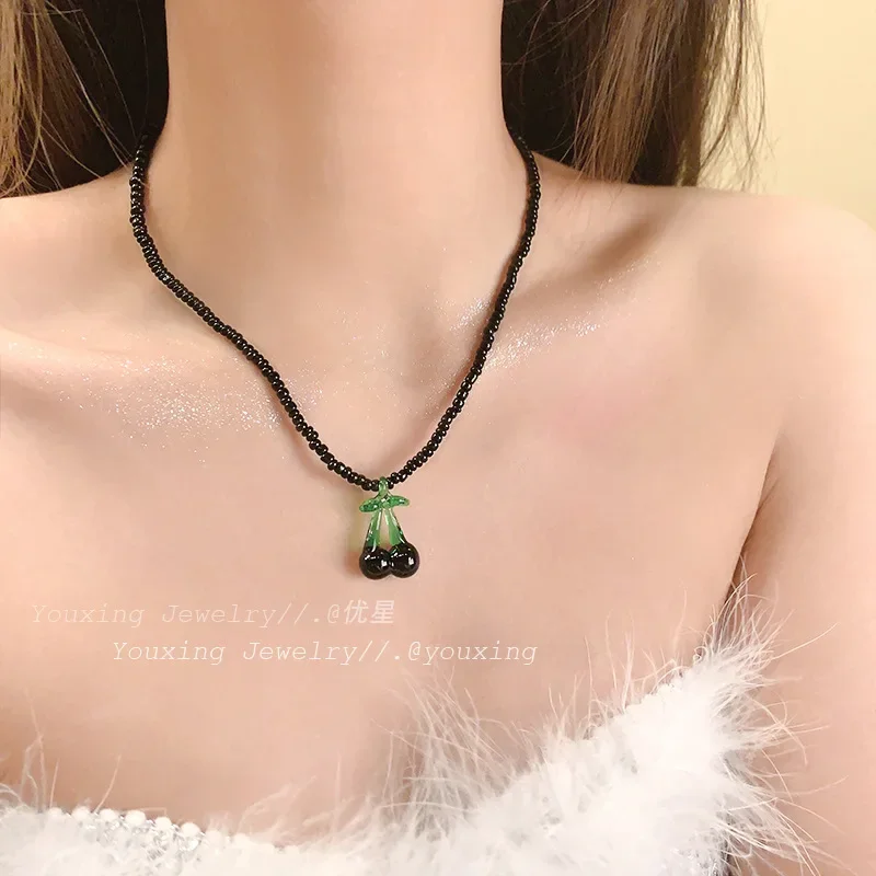 Korean INS Blogger Cherry Pendant with Handmade Beaded Necklace Unique Design Collar Chain Sweet Fruit Pendant Necklace Jewelry