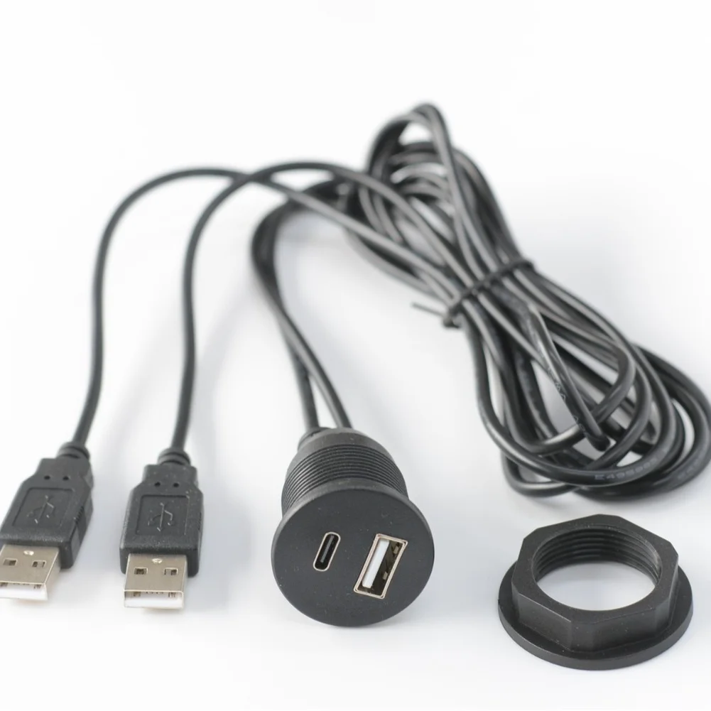 150cm USB2.0 Male to USB-A + Type-C Socket Extension Cord Compatible with For Car Motorcycle RV Marine Audio Setups