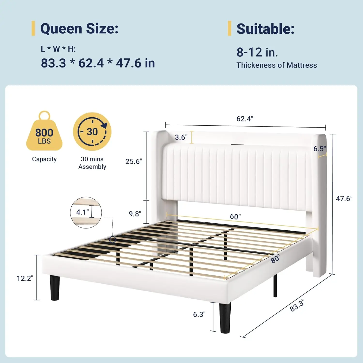 Bedroom Use, Velvet and Wood, White, with USB Charging Station, Storage Shelf, No Box Spring Needed, Easy Assembly