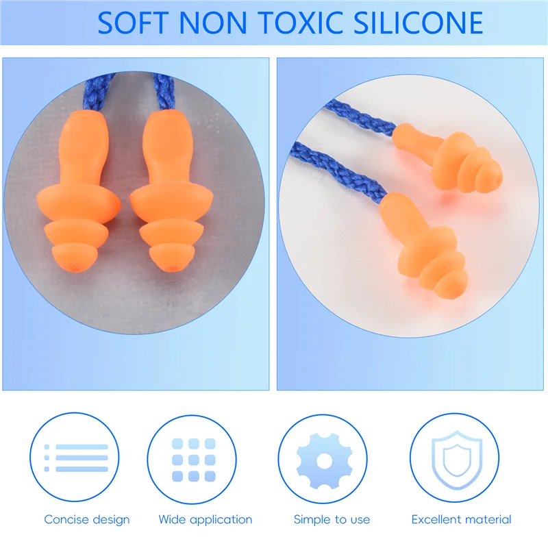 B03B-100 Pairs Individually Wrapped Non Toxic Soft Silicone Corded Ear Plugs Reusable Hearing Protection Rubber Earplugs