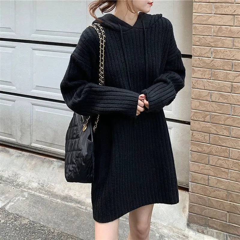 

Female Clothing Hooded Sweaters Casual Korean Loose Autumn Winter Fashion Drawstring Commute Solid Color Midi Knitted Jumpers