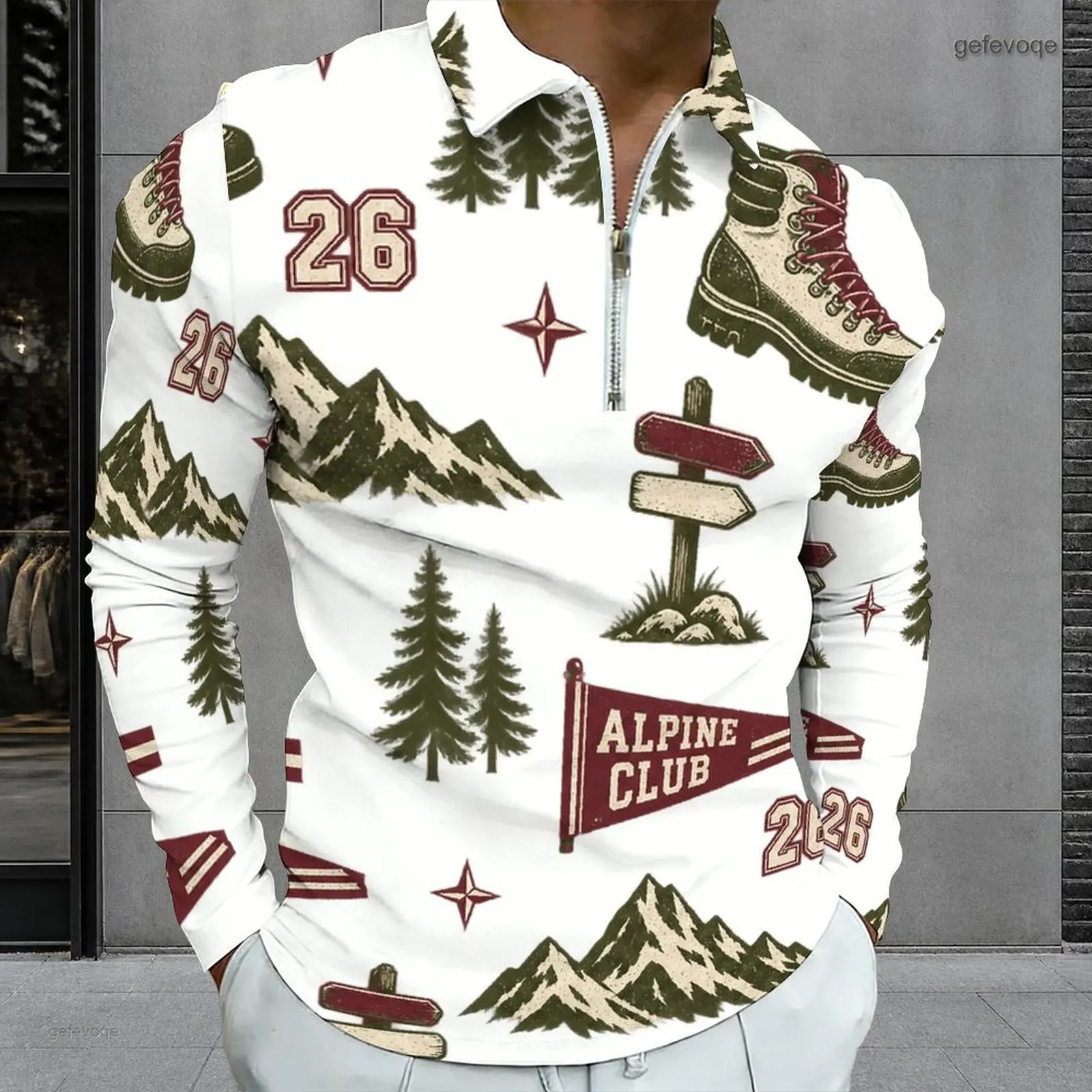 Men All Over Alpine Hiking Print Quarter Zip Collared Long Sleeve Polo Shirt