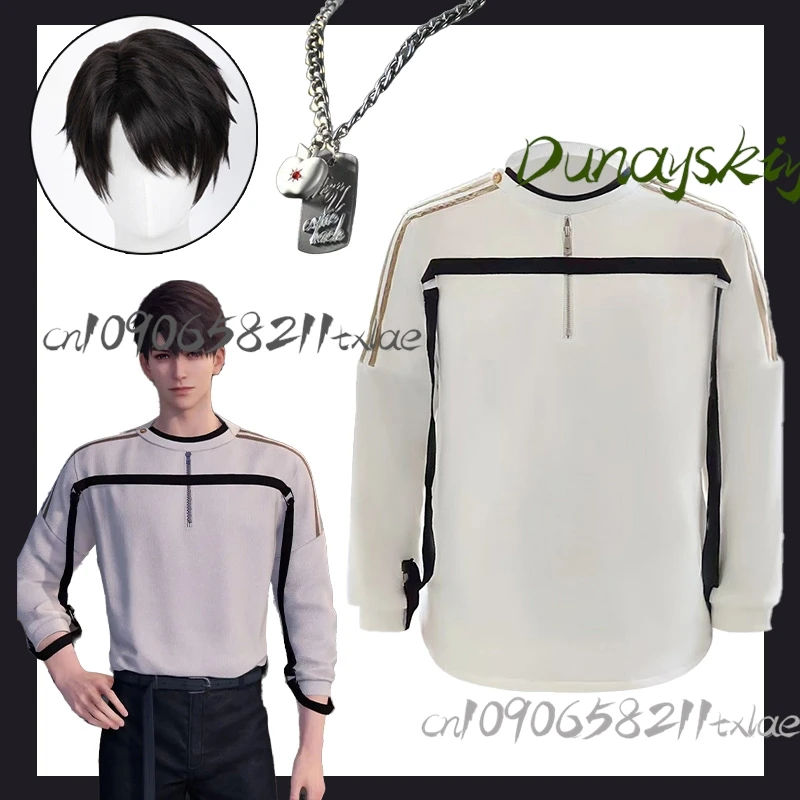 

Caleb Game Love And Deepspace Cosplay Costume White Sweatshirt Top Black Belt Necklace For Man Women Girl Halloween Party Cos