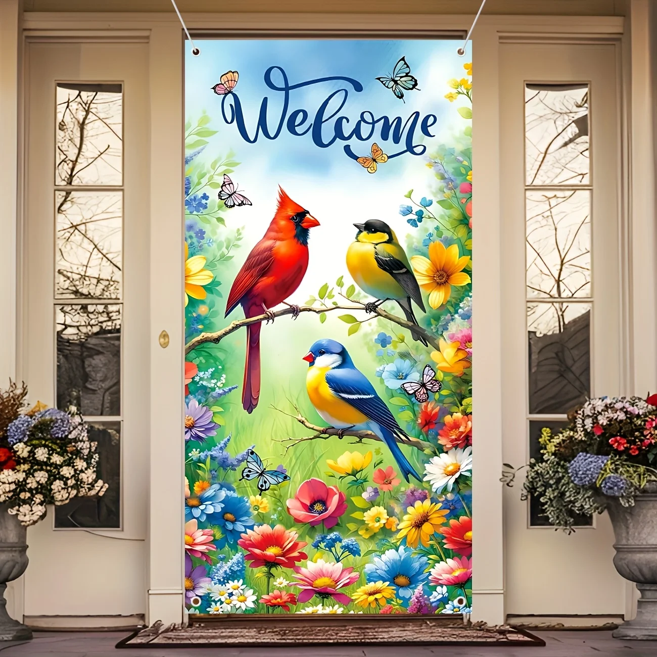 Spring Welcome Door Cover Spring Summer Bird Flower Door Banner Spring Easter Seasonal Welcome Door Decorations for Front Door