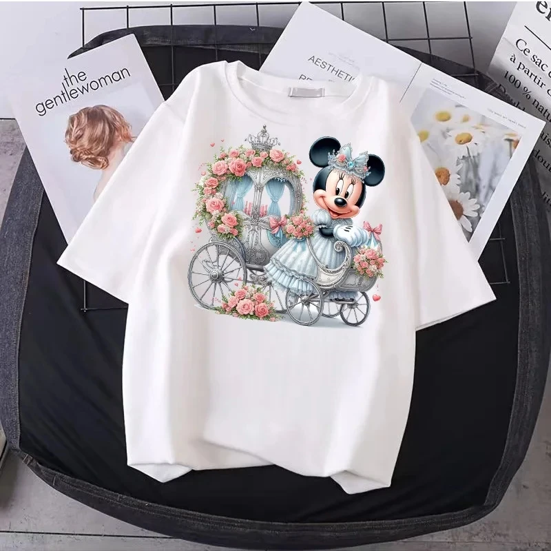 Summer Cotton Disney Minnie Mickey Printed T-shirt Breathable Fashion Hundred T-shirt Cartoon Anime Harajuku Women\'s T-shirt