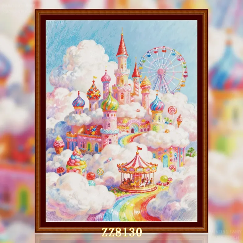 [M-ZZ8130-Cloud Castle]11CT 14CT 16CT DIY Stamped Cross Stitch Kit with Printed Canvas and Cotton Threads Embroidery Needlework