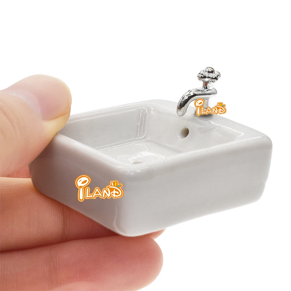 iLAND Doll House Miniature Ceramic Bathroom Sink Perfect Mini Square Washbasin With Faucet For Dollhouse Accessories