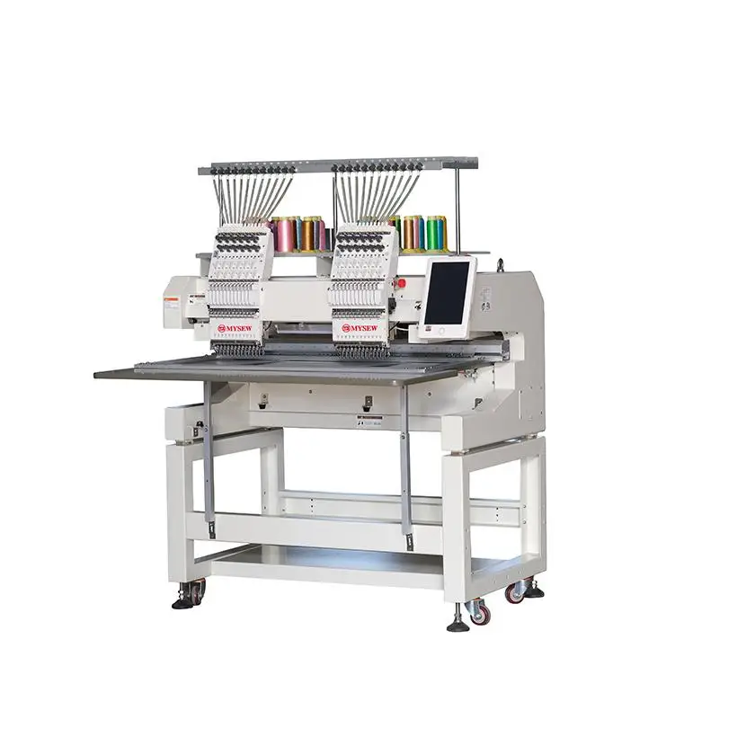 MJS1202 Automatic 9   Double Head Professional Digital Cap T Shirt 2 Head Industrial Hat Computerized Embroidery Machine