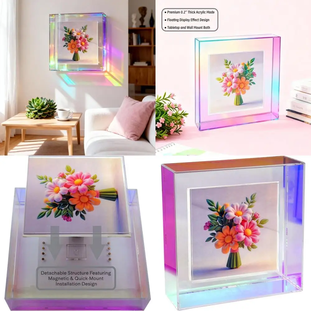 

Неоновая радужная акриловая фоторамка 12x12 с эффектом парения для настенного или настольного размещения фотографий