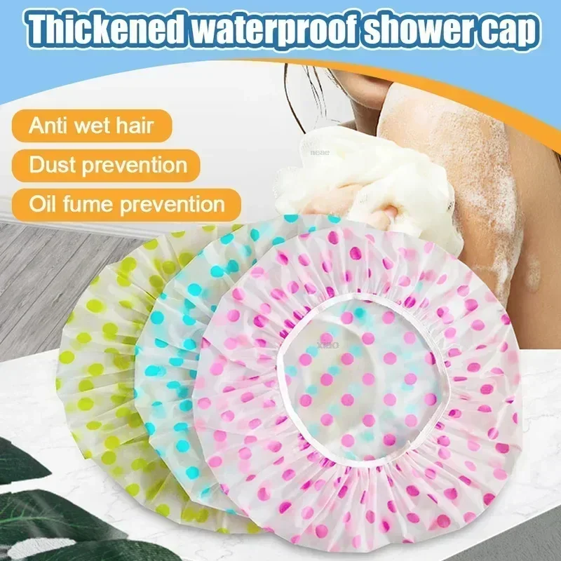 Women Shower Cap Waterproof Wide Elastic Band Reusable Bashroom Cap Fashion Wave Point Shower Hat Bathroom Accessories