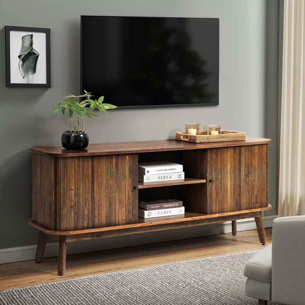 Mid-Century Modern TV Stand for 65-inch TV, Wooden Multimedia TV Stand Table for Living Room, Walnut