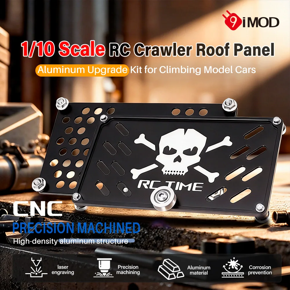 

9IMOD 1/10 RC Crawler Roof Plate CNC Aluminum Roof Rack Decoration with Bearing Roller Skull Design Black Silver