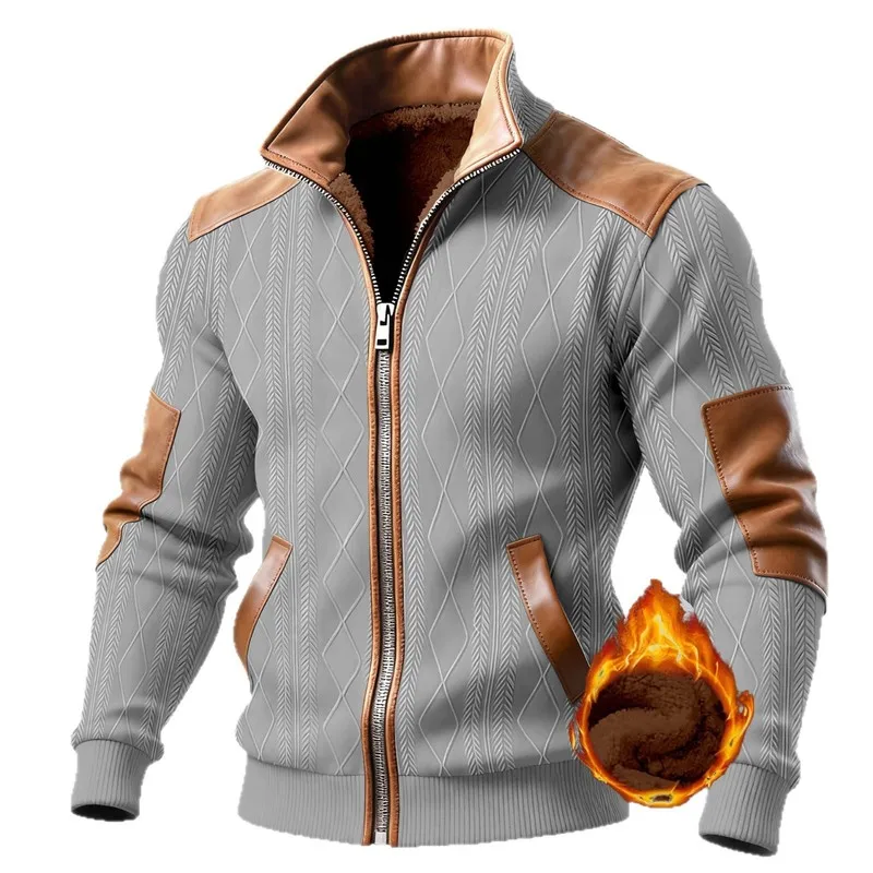 Men's 2026 New Spring-Autumn Stand-Collar Zip-Up Thick Jacket, Color-Block Textured-Fabric Fleece-Lined Casual Outerwear