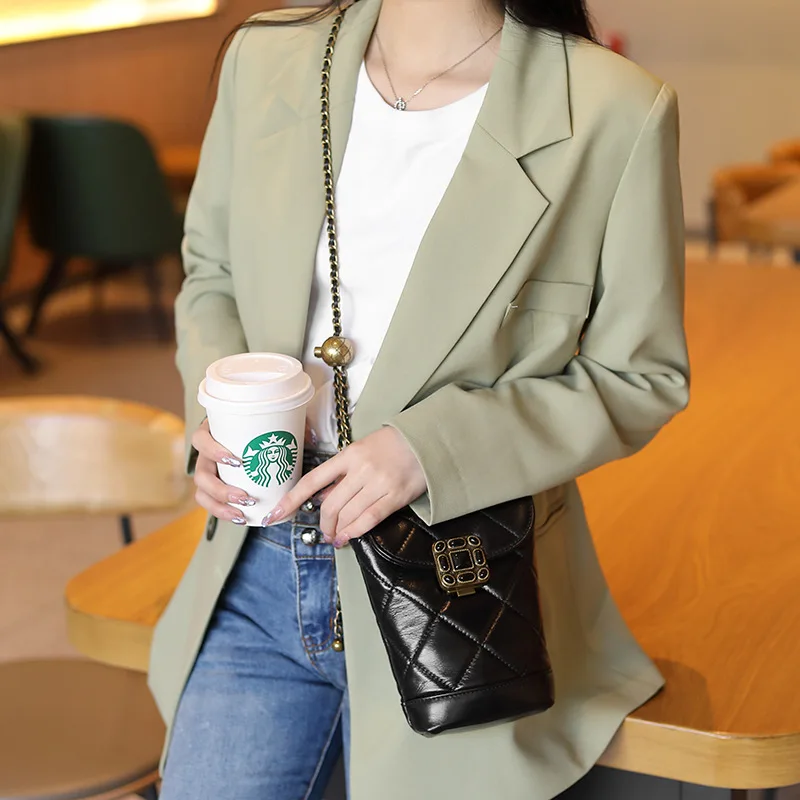 Fashionable Chain Mobile Phone 2024 New  Small Golden Ball Single Shoulder Calf Leather Women's Bag