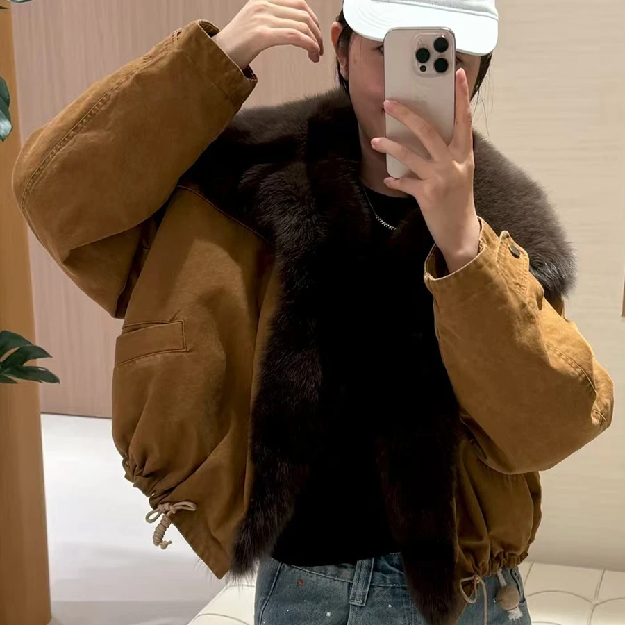 

Women's Short Denim Jacket With Fur Collar Real Fox Fur Jacket Natural Fur Puffer Jacket High Quality Genuine Fur Outerwear