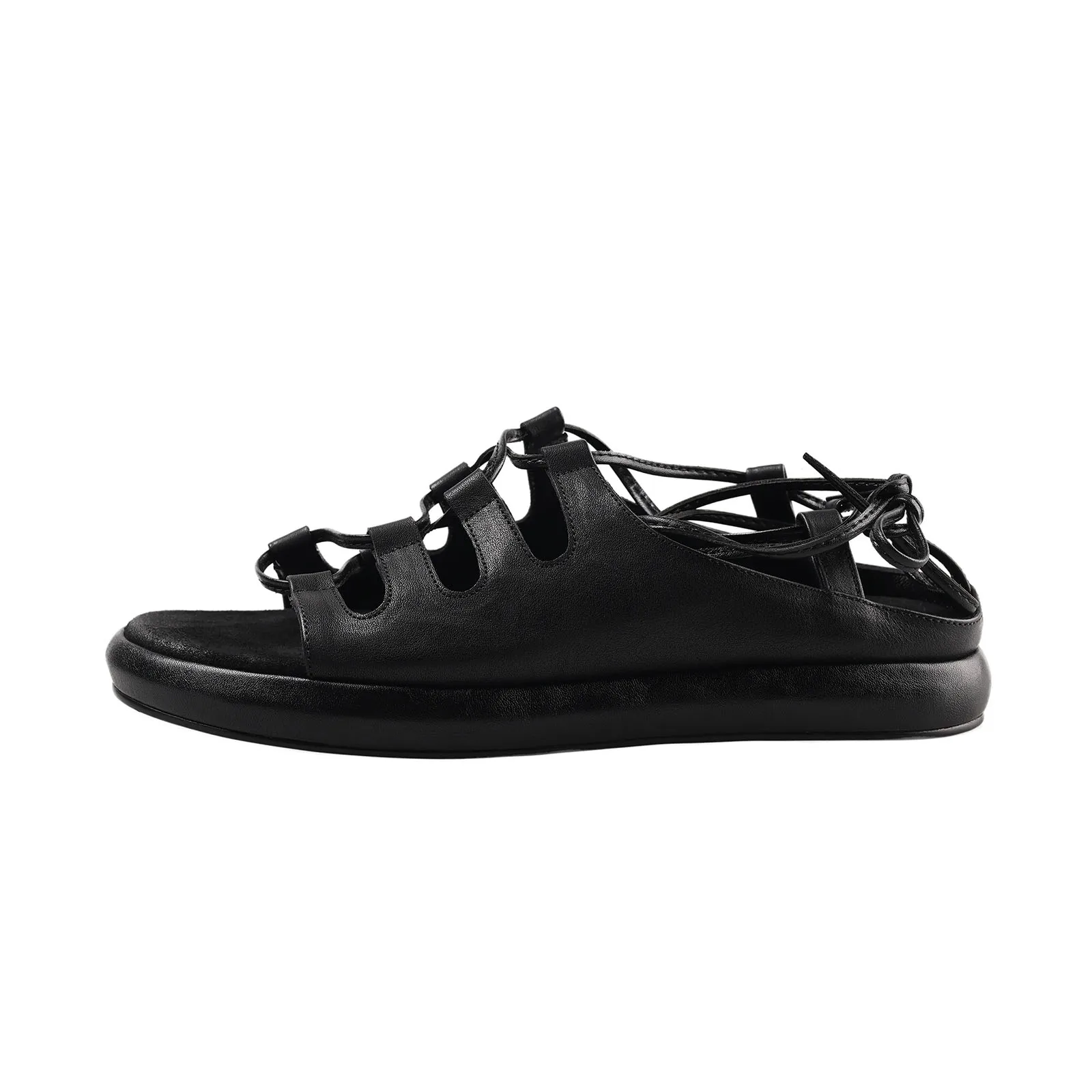 

Arden Furtado Summer Holiday style cowhide platform Ankle strap Sandals Round toe Flats Hollow Low heel Roman sandals