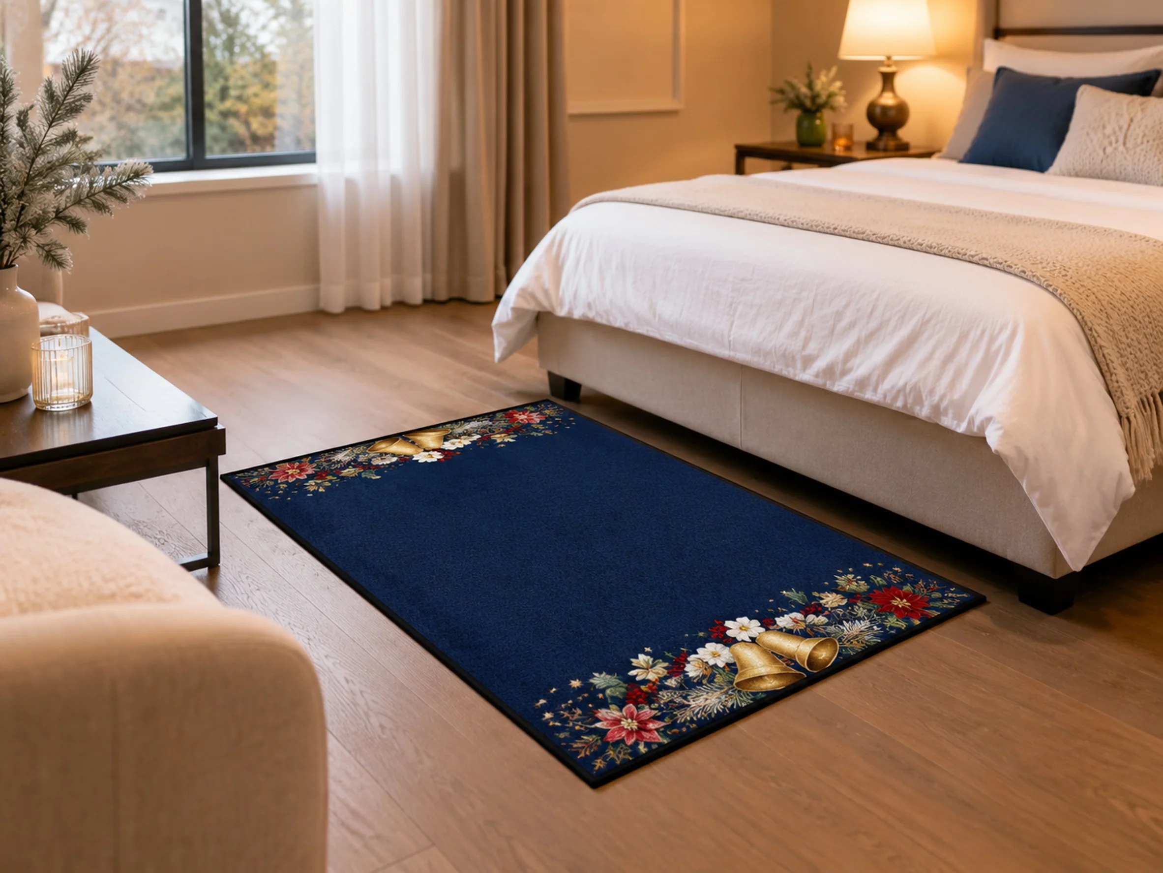 VIKAMA Christmas Midnight Blue Bell Flannel Door Mat, Washable Quick Dry Xmas Mat, Xmas Decor for Front Porch, Mudroom