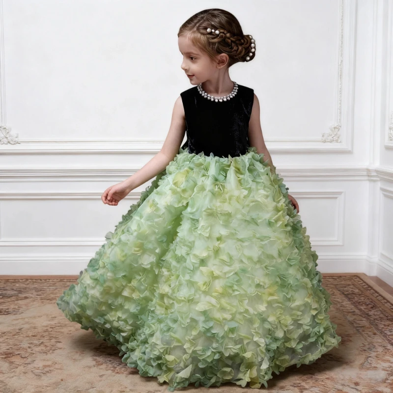 French Style Girls Dress Green 3D Flower Strapless Bow ChildrenFormal Celebration Dresses Princess Party Gown  Wedding Pageant