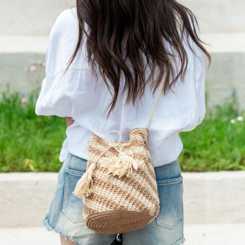 New Striped Paper Rope Color Blocking Woven Bag Women's Handmade Large Capacity Handbags Vacation Beach Bucket Bag