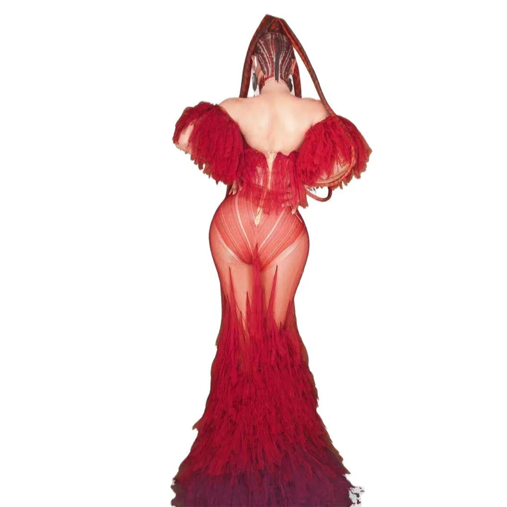 Vestido largo de sirena transparente con plumas rojas para mujer, traje Sexy elástico de malla para fiesta de cumpleaños, disfraz de cantante para actuaciones