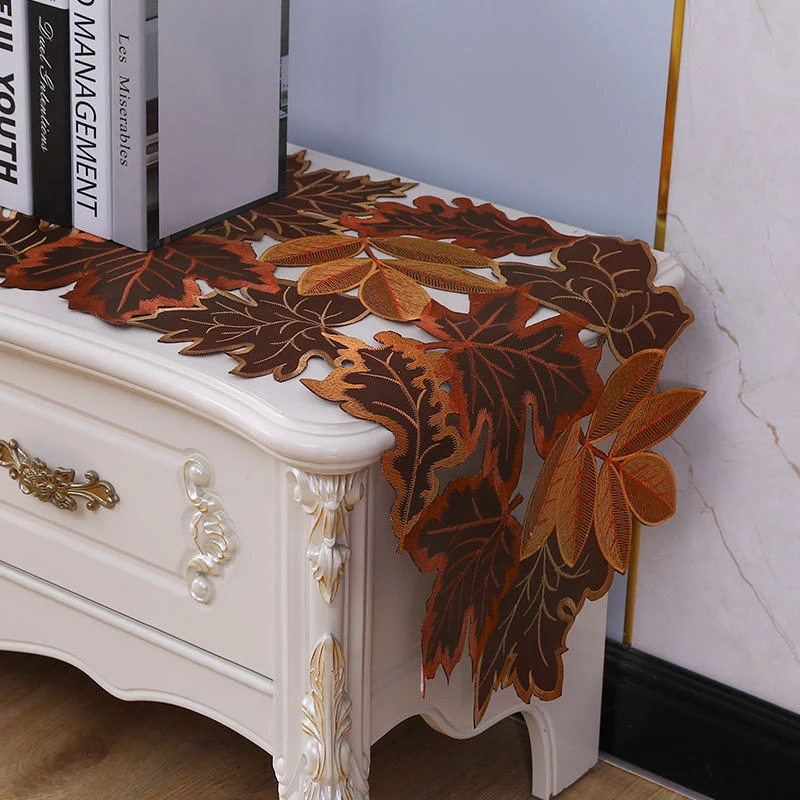 1pc Autumn Maple Leaf Embroidered Table Runner, Flocked Brown Maple Design, Rustic Farmhouse Thanksgiving Harves