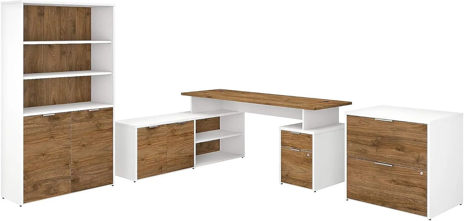 Jamestown L-Vormig Bureau Met Laterale Archiefkast En 5 Plank Boekenkast, 72W, Verse Walnoot/Wit