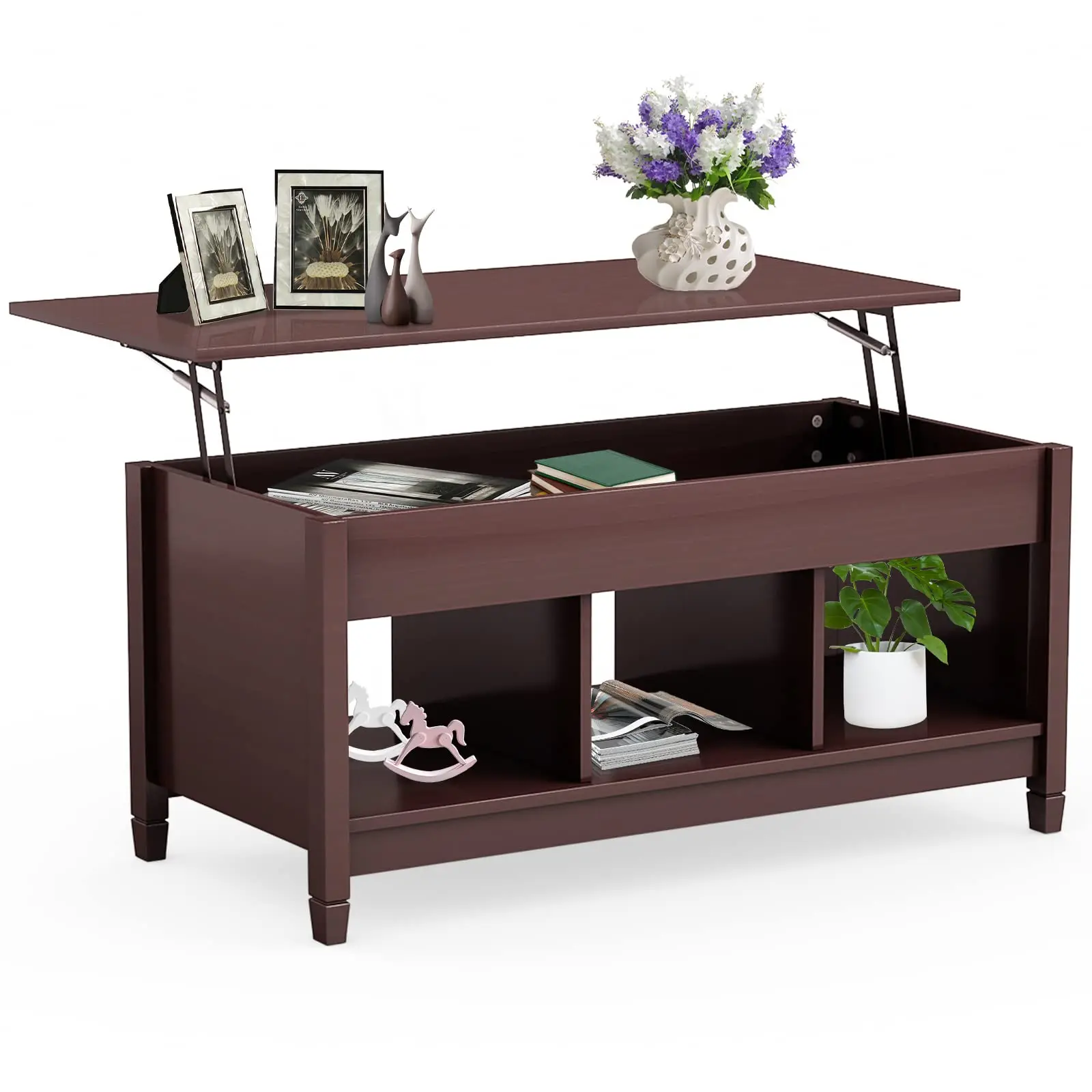 

Rectangular Lift-Top Coffee Table With Concealed Storage And Three Open Compartments, Solid Wood Legs, Espresso Finish