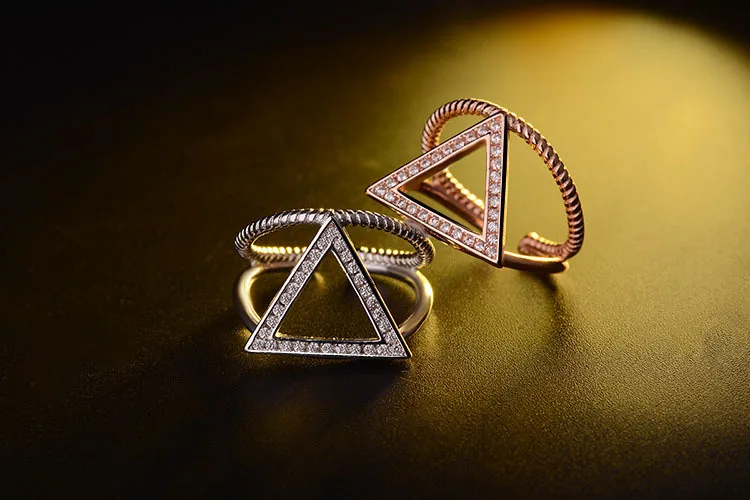 

2019 New 100% 925 Sterling Silver Rings Solid Double Layer Triangles Cocktail Ring Sizable Gift Women Girls Lady DS1435
