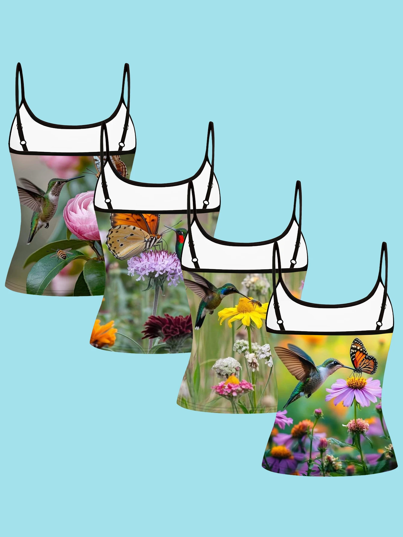 4-Piece Set of Realistic Hummingbird, Butterfly, and Wildflower Print Spaghetti Strap Camisoles for Women, Forest Style, Slim Fit, Can Be Worn as an Inner Layer or Outerwear