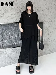 [EAM] Black T-shirt Half-body Skirt Two Pieces Suit New Round Neck Short Sleeve Women Fashion Tide Spring Summer 2024 1DH6089