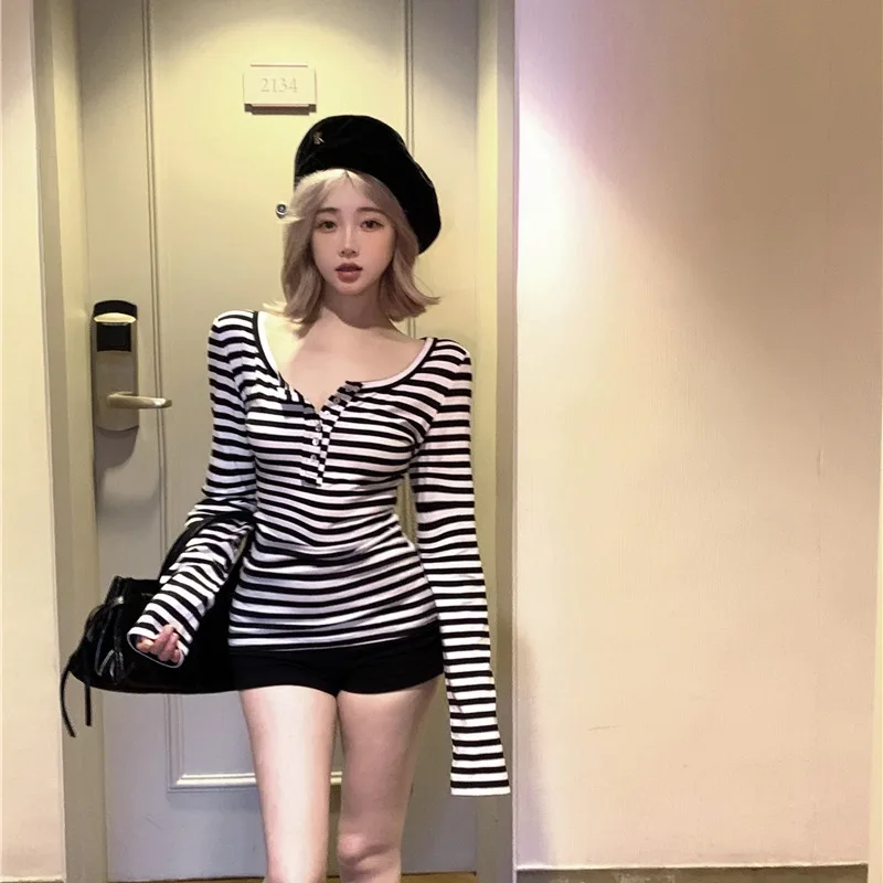 Autumn Y2k High Street High Shoulder T-Shirts For Women Fashion Shining Hot Girl Sexy Casual Solid Color Long Sleeve Female Tops