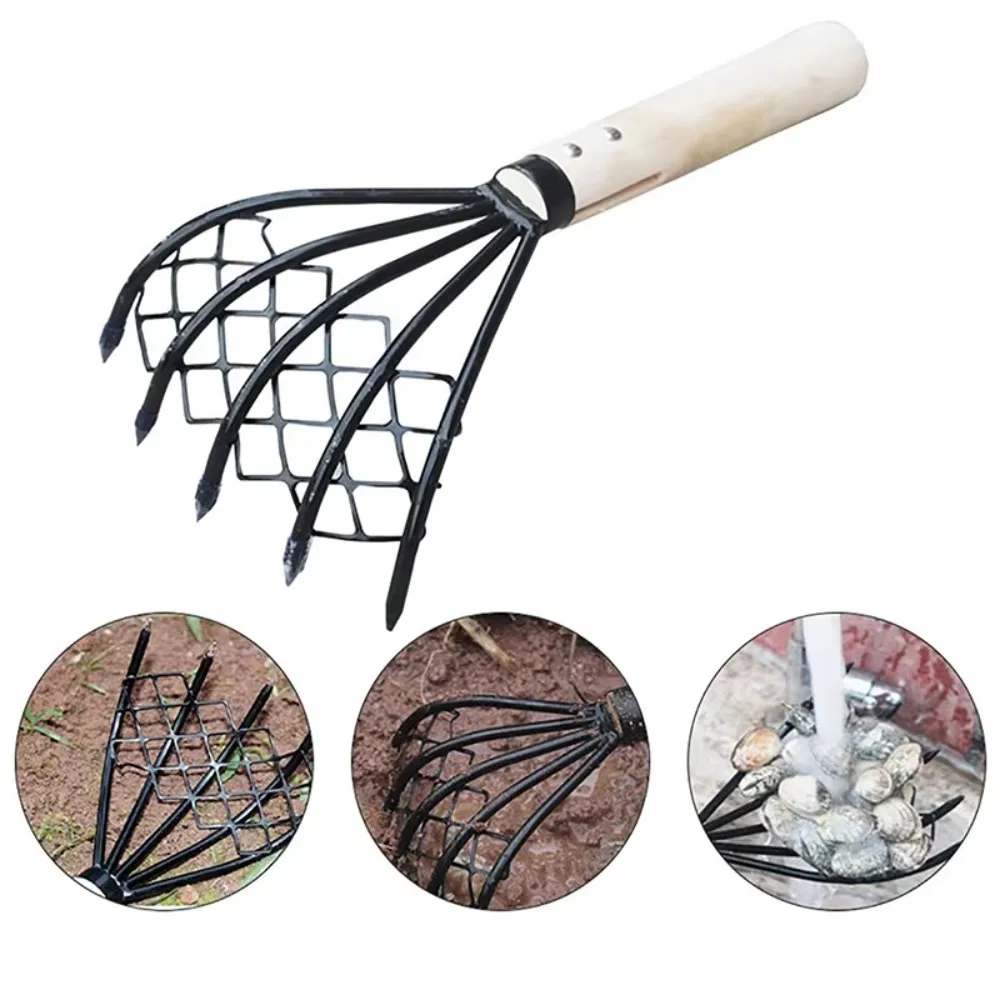 2026 Clam Rake With Net 5 Claw Wood Handle Rake Shell Digging Tool Dig Seafood Accessories Weeding Farming Tool Wood Handle