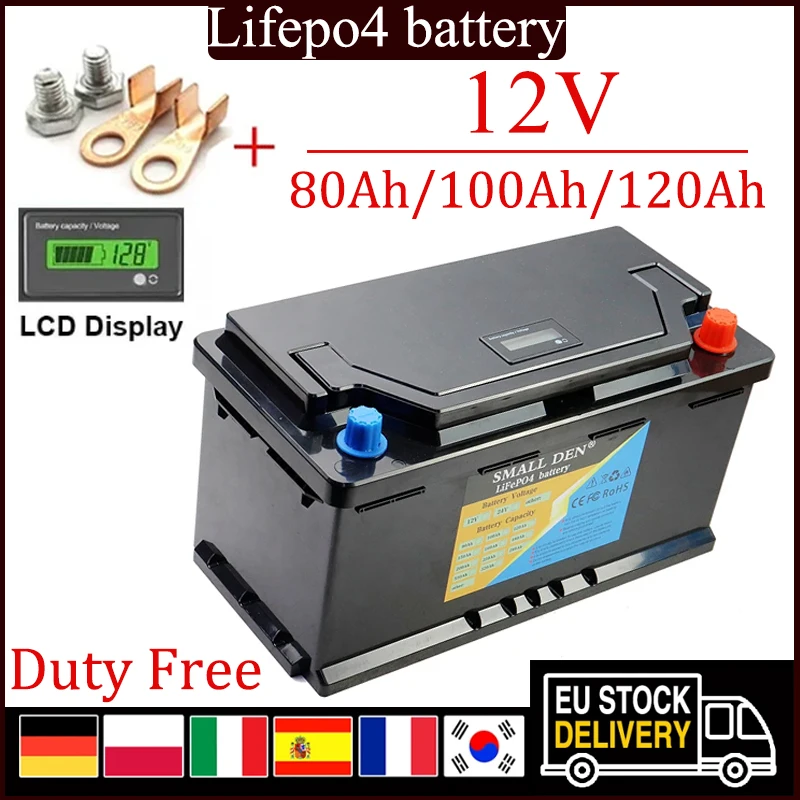 12V 80Ah 100Ah 120Ah LiFePO4 Rechargeable Battery built-in BMS Automatic lighter car starter 12.8v Outdoor Portable power supply