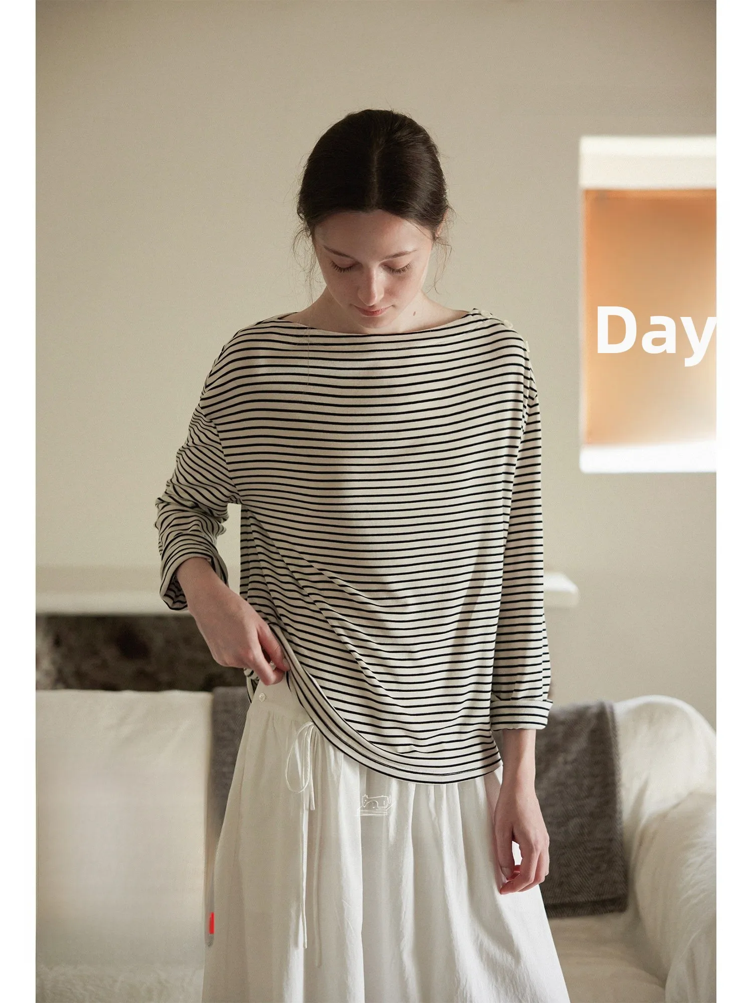 

Женская повседневная футболка Nice People 2025AW Long Sve, ультрамягкая шерстяная футболка на одно плечо, свободный полосатый топ свободного покроя