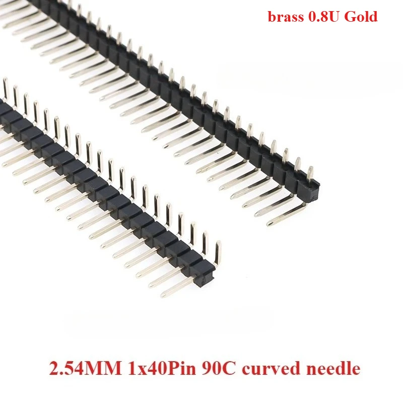 

10/50Pcs 2.54mm Brass 0.8U Gold Pitch Strip 1X40Pos R1 R2 Type Single Row Right Angle Breakable Male Pin Header Connector