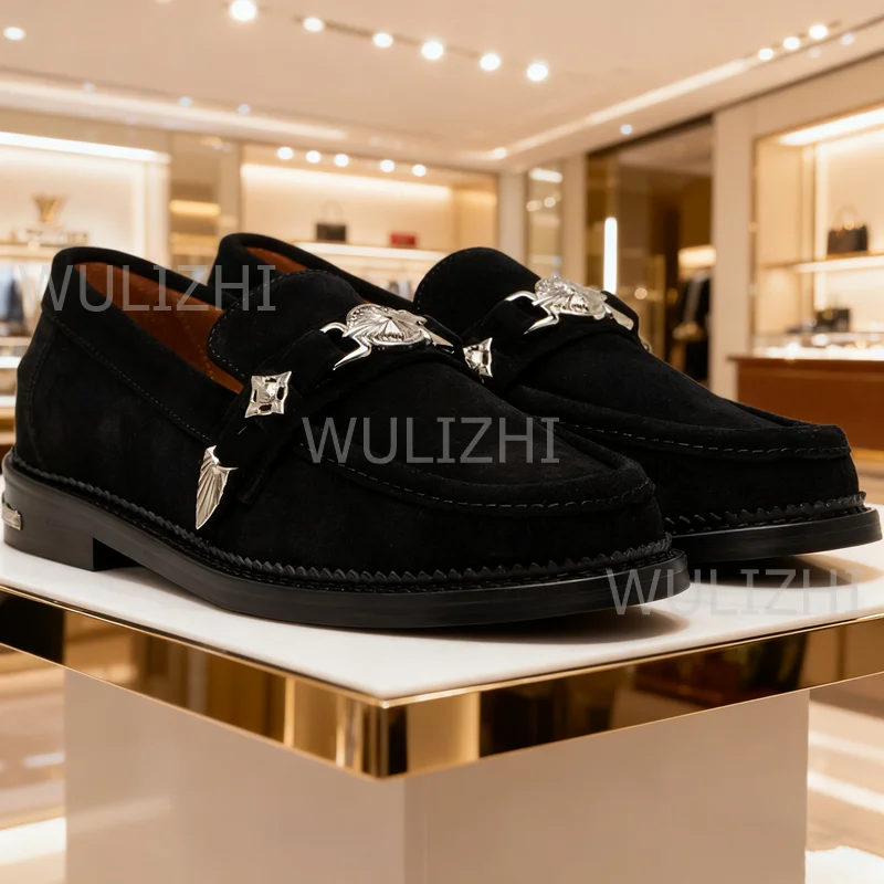 

Burgundy Leather Metal Buckle Oxfords Men Black Loafer Round Suede Velvet Casual Business Leather Solid Party Derby Shoe