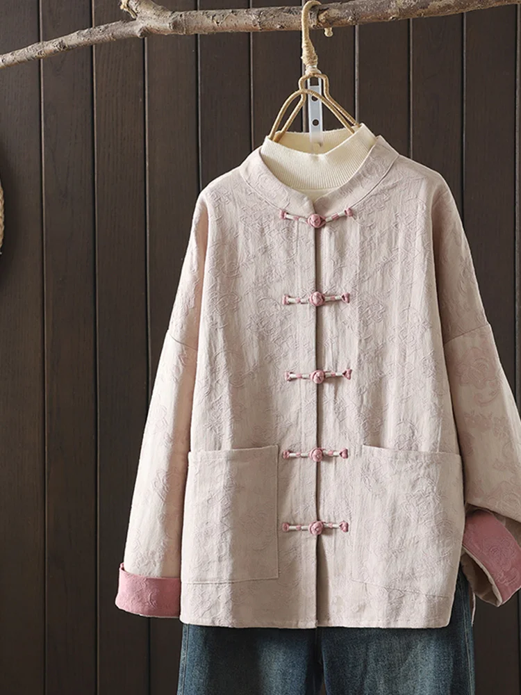 

New Chinese Sle Cotton Linen irt Coat Women's Spring Autumn Retro Embroidered Reformed Tang Costume Long Sve Top