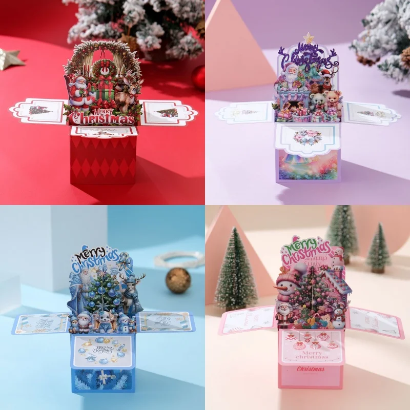 

2025 New Christmas Pop-UP 3D Box Paper Sculpture Creative Party Blessing Greeting Card with Envelope New Year Gifts