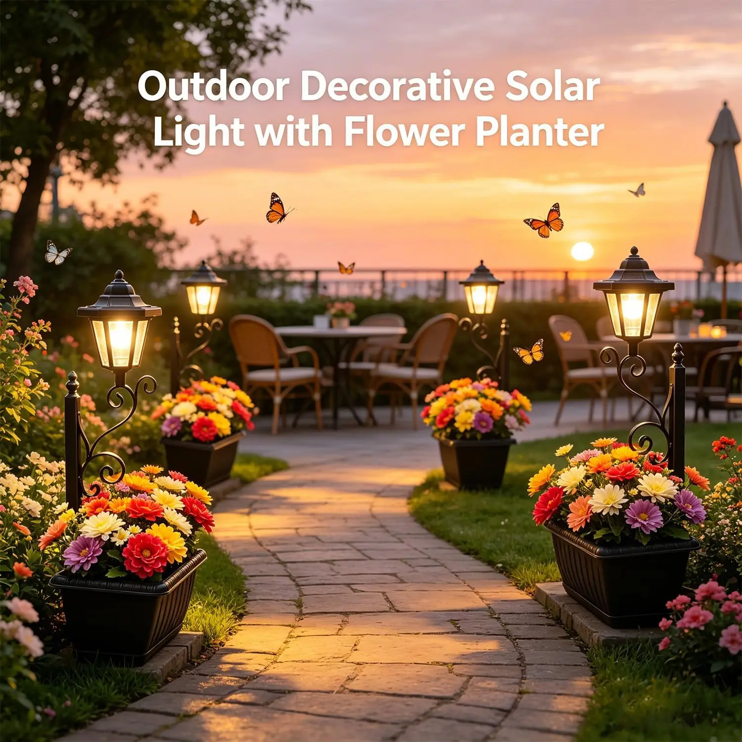 Solar Planter Lamppost Light Iron Wrought Waterproof Outdoor Garden Decorative Landscape Ambiance Floor Stake for Patio