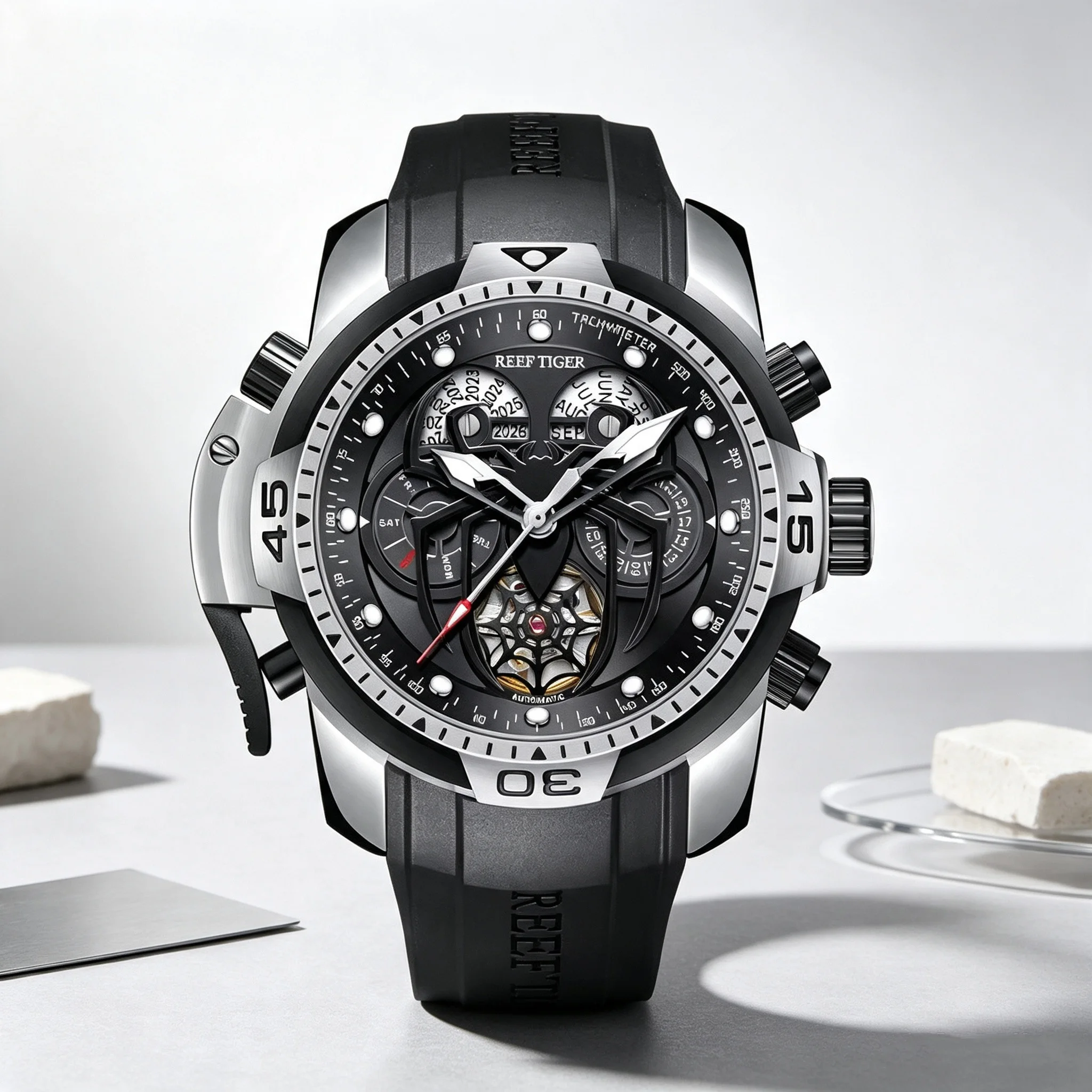 Reef Tiger Luminous Casual Automatic Mechanical Watch – Perpetual Calendar, Spiderweb-patterned Dial, Rubber Strap,