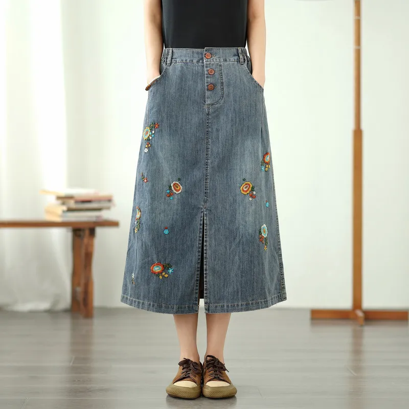 Japanese Vintage Mori Girl Flower Embroidery Denim Pencil Skirts Women Spring Summer High Elastic Waist Casual Jeans Skirts